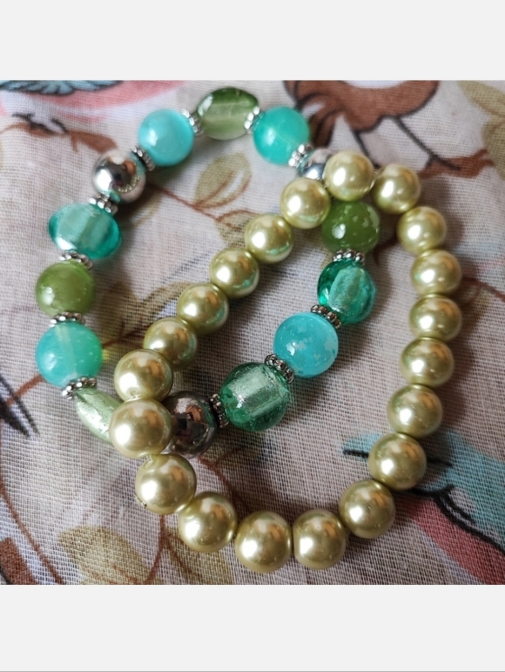 Pair Stretch Bracelets Light Green Faux Pearls Lucite Moonglow Blue Flaw